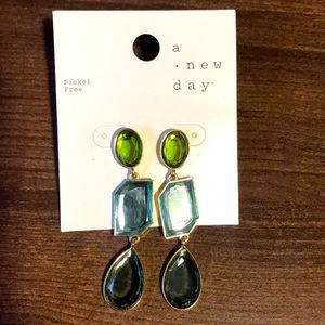 Acrylic blue and green and gold earrings